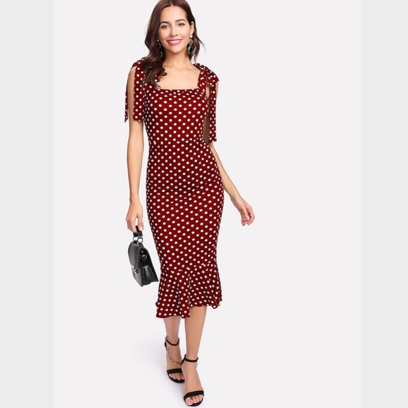 Polka Dot Mermaid Midi Dress Tie Straps Burgundy - Picture 2 of 8